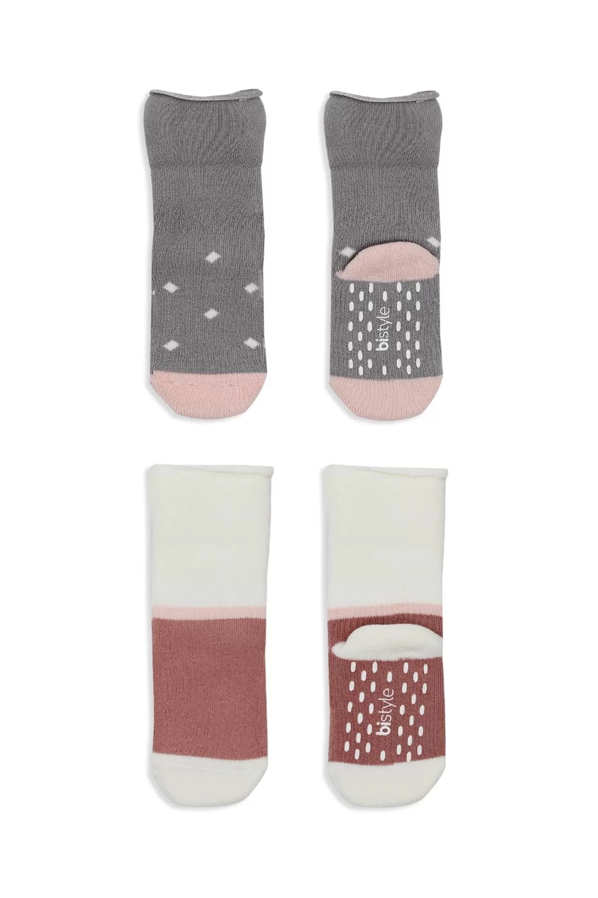 Puanlı Kaymaz Havlu Soket Çorap 2'li Gri Pudra - Görsel 9