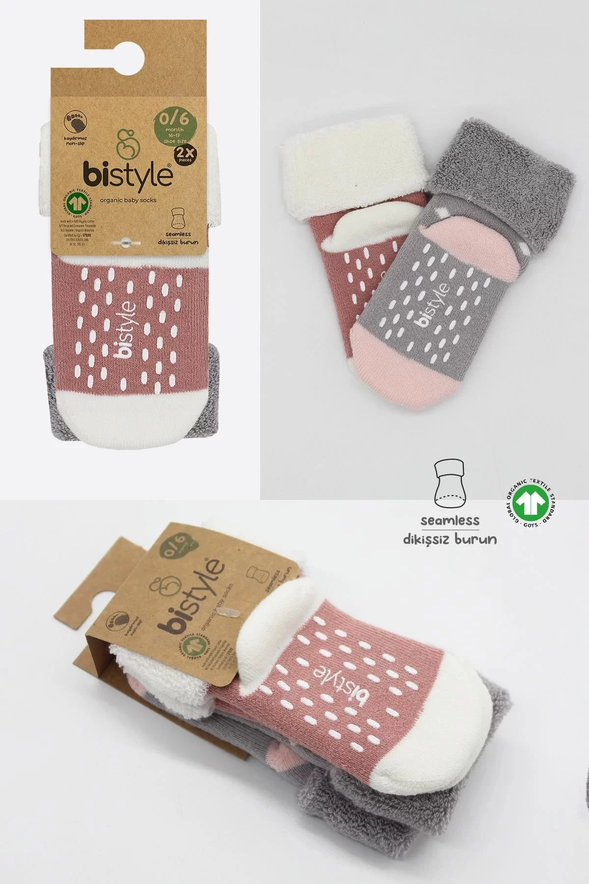 Puanlı Kaymaz Havlu Soket Çorap 2'li Gri Pudra - Görsel 12