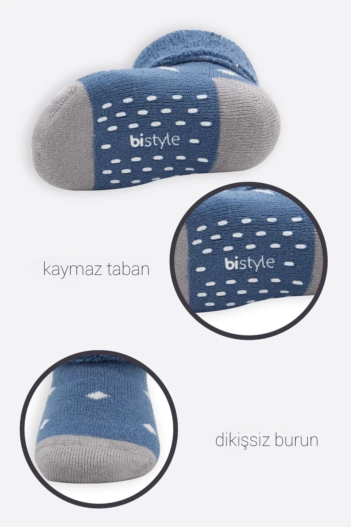 Puanlı Kaymaz Havlu Soket Çorap 2'li İndigo Gri - Görsel 4
