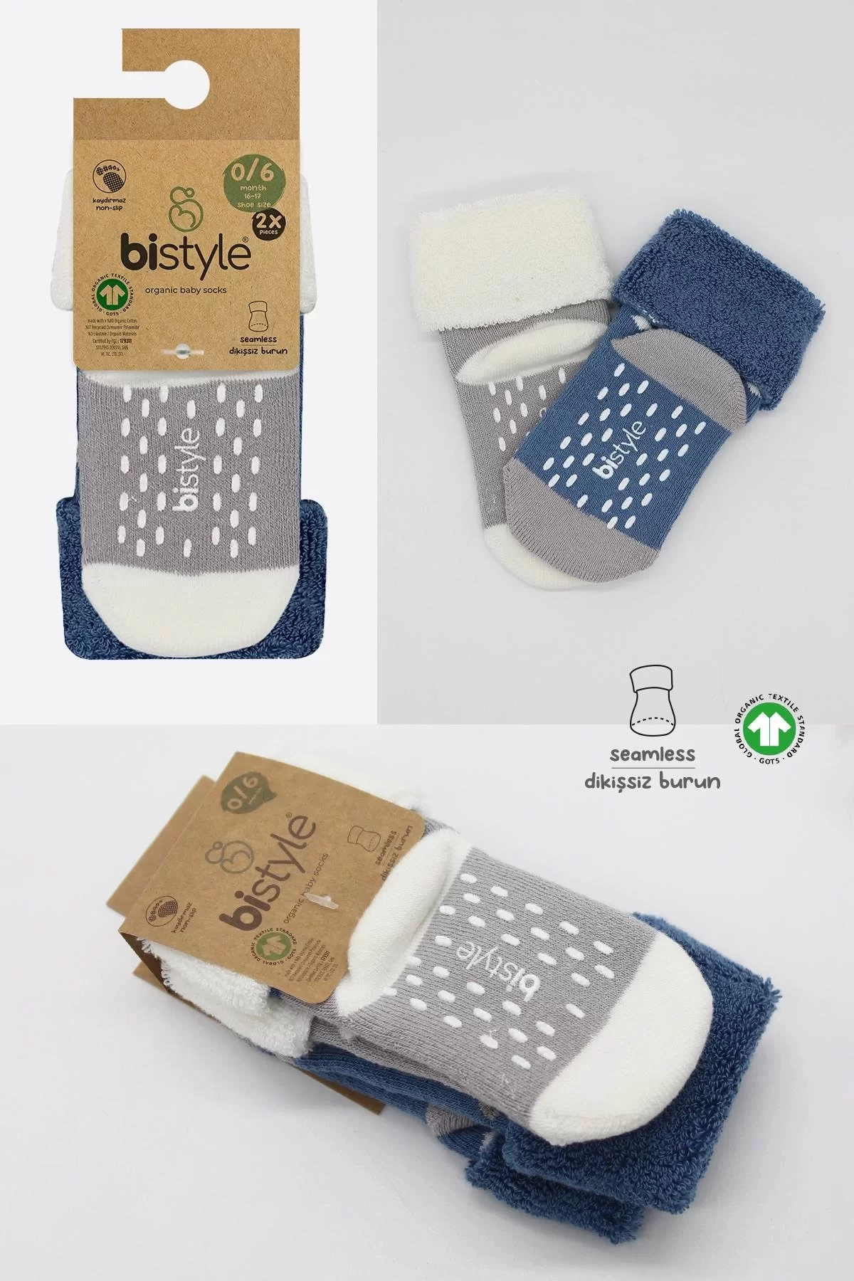 Puanlı Kaymaz Havlu Soket Çorap 2'li İndigo Gri - Görsel 6