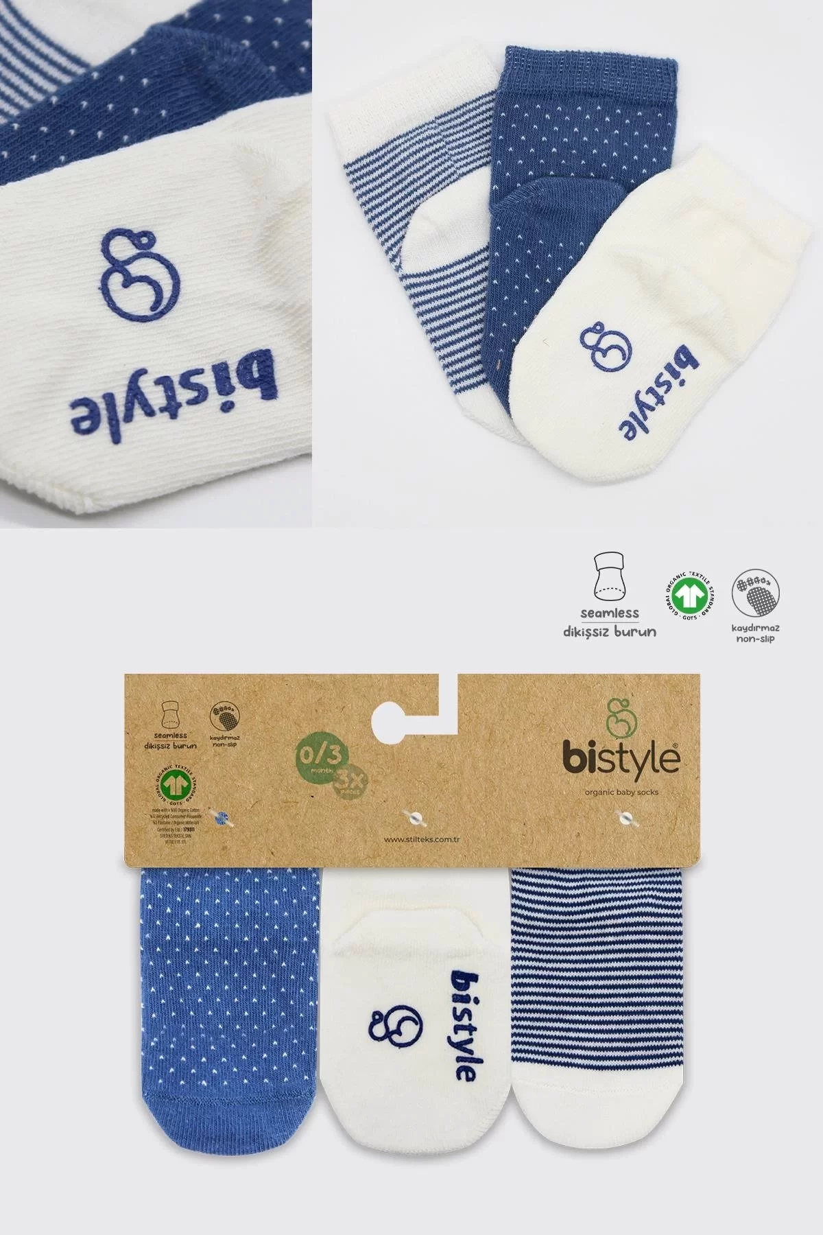 Puanlı Kaymaz Penye Soket Çorap 3'lü Bs10108 İndigo - Görsel 6