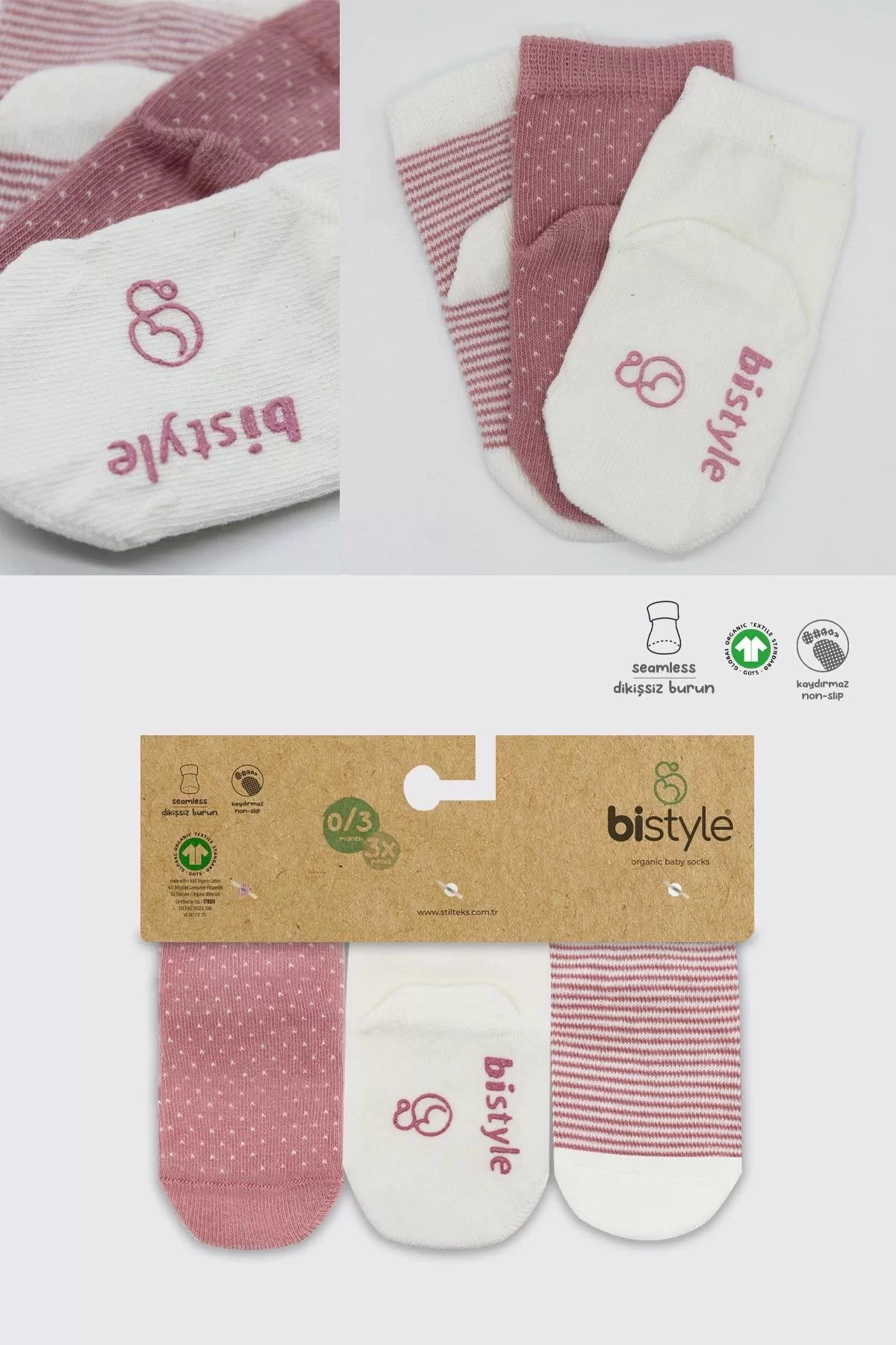 Puanlı Kaymaz Penye Soket Çorap 3'lü Bs10108 Pudra - Görsel 6