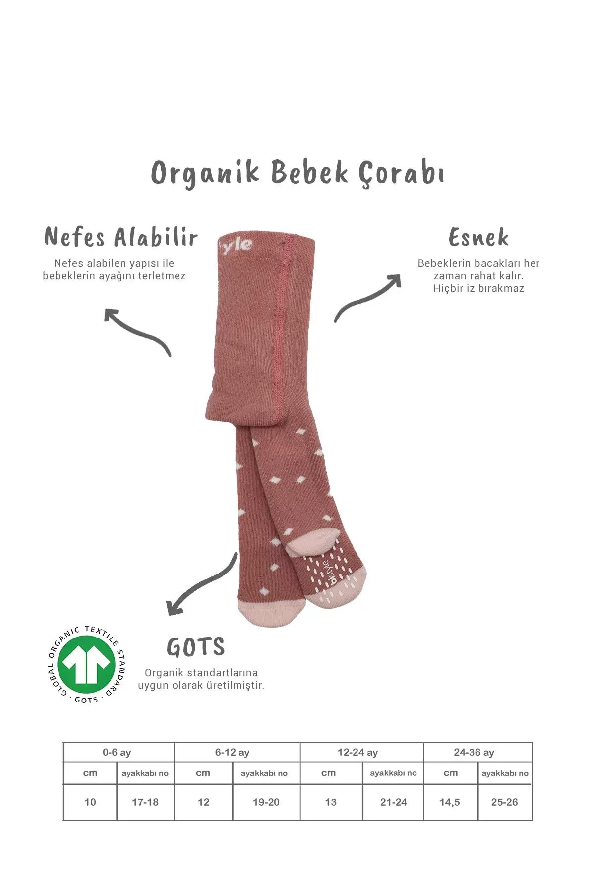 Tekli Puan Kaymaz Havlu Külotlu Çorap Pudra - Görsel 2