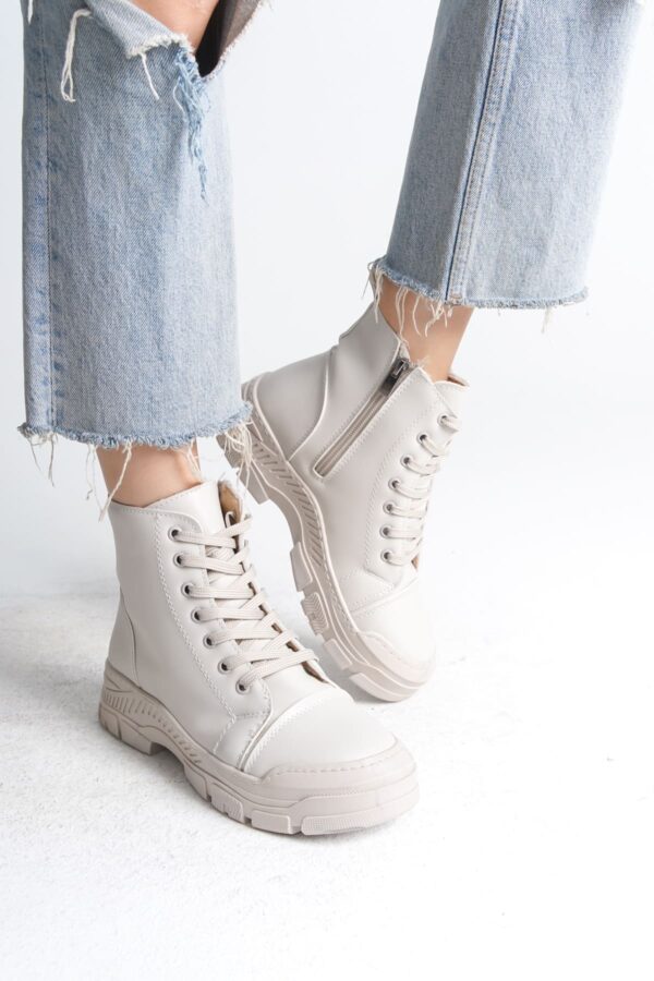 BLOOM Bağcıklı Fermuarlı Ortopedik Taban Kadın Bot  CKT - Krem