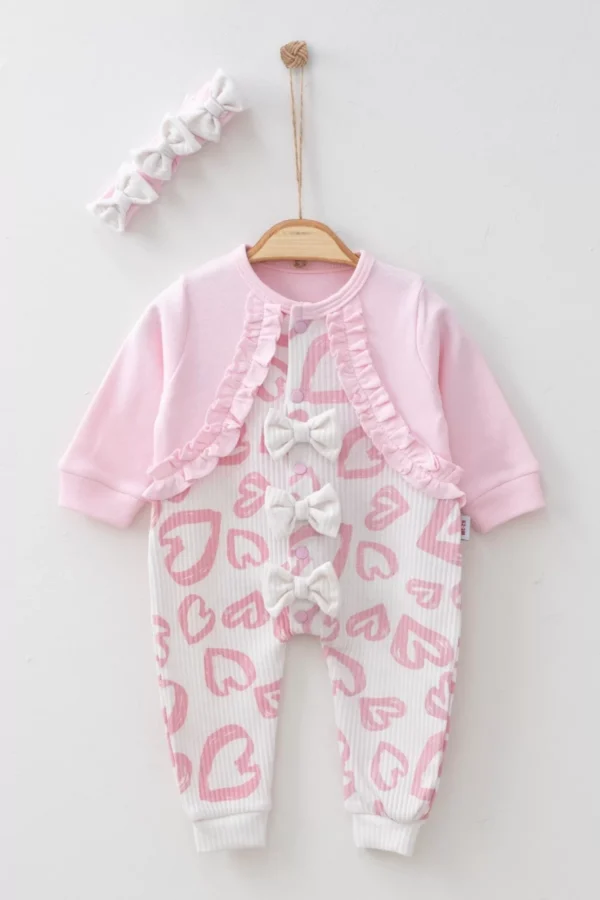 Bolerolu Kalp Desenli % 100 Pamuk Kız Bebek Tulum