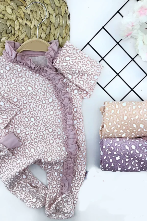 Boydan Fermuarlı Fırfırlı Bandajlı Leopar Baskılı Kız Bebek Tulumu