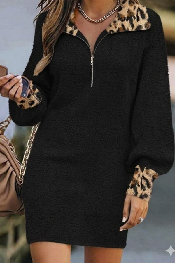 Kadın Uzun Kollu Yakalı önden Fermuarlı Leopar Detaylı Mini Peluş Elbise