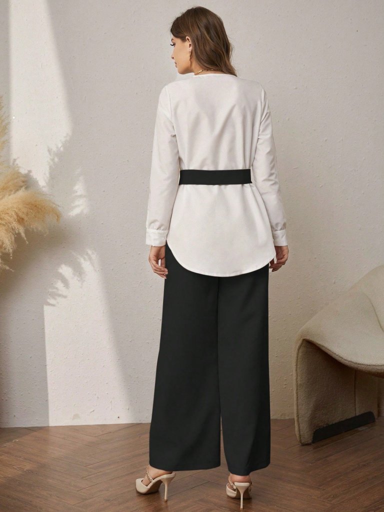 Kadın Uzun Kollu Açık Yakalı çift Renkli Kemerli Ithal Krep Ikili Takım - Görsel 13