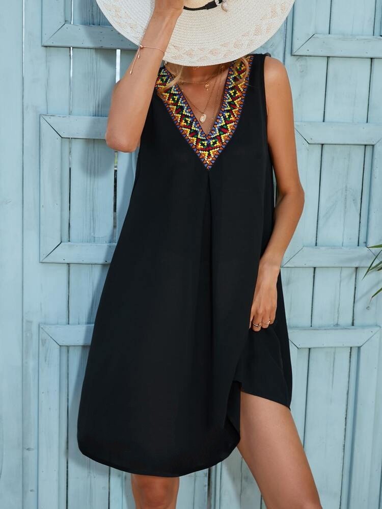 Kadın Sıfır Kol şerit Detaylı V Yaka Viskon Elbise - Görsel 2