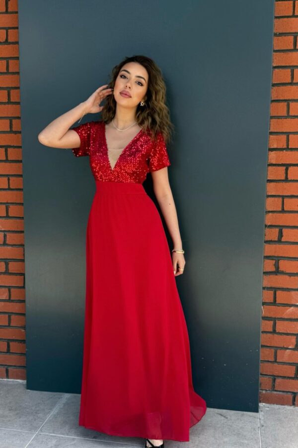 Kadın Kısa Kollu Derin V Yakalı A Kesim Pulpayet Detaylı şifon Nedime Elbisesi