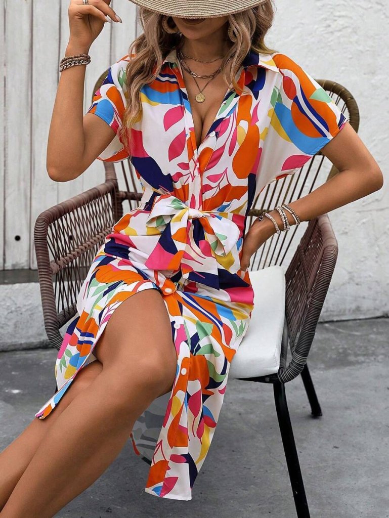 Kadın Kısa Kollu Yakalı önü Düğmeli önden Drapeli Desenli Süprem Elbise - Görsel 2