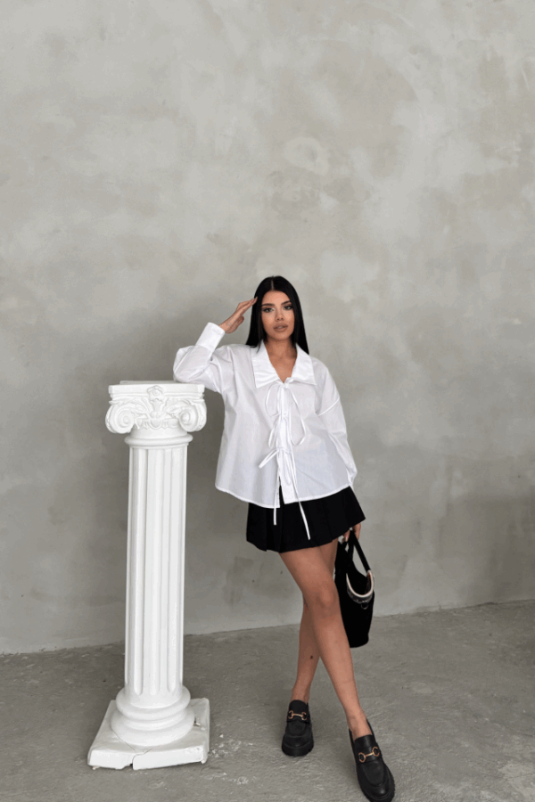 OKUL YAKA POPLİN GÖMLEK İP BAĞLAMA DETAYLI - Siyah