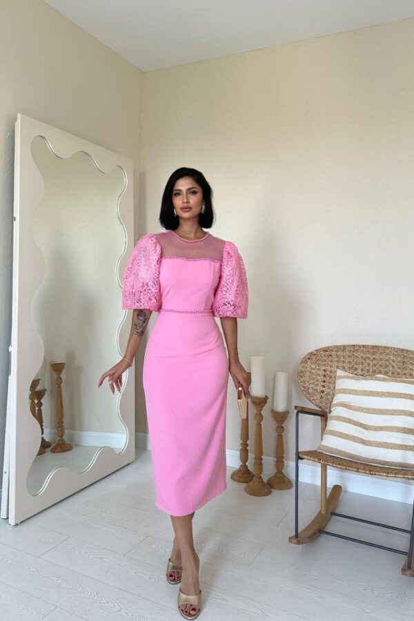 Beyaz İncili Tül Detay Elbise