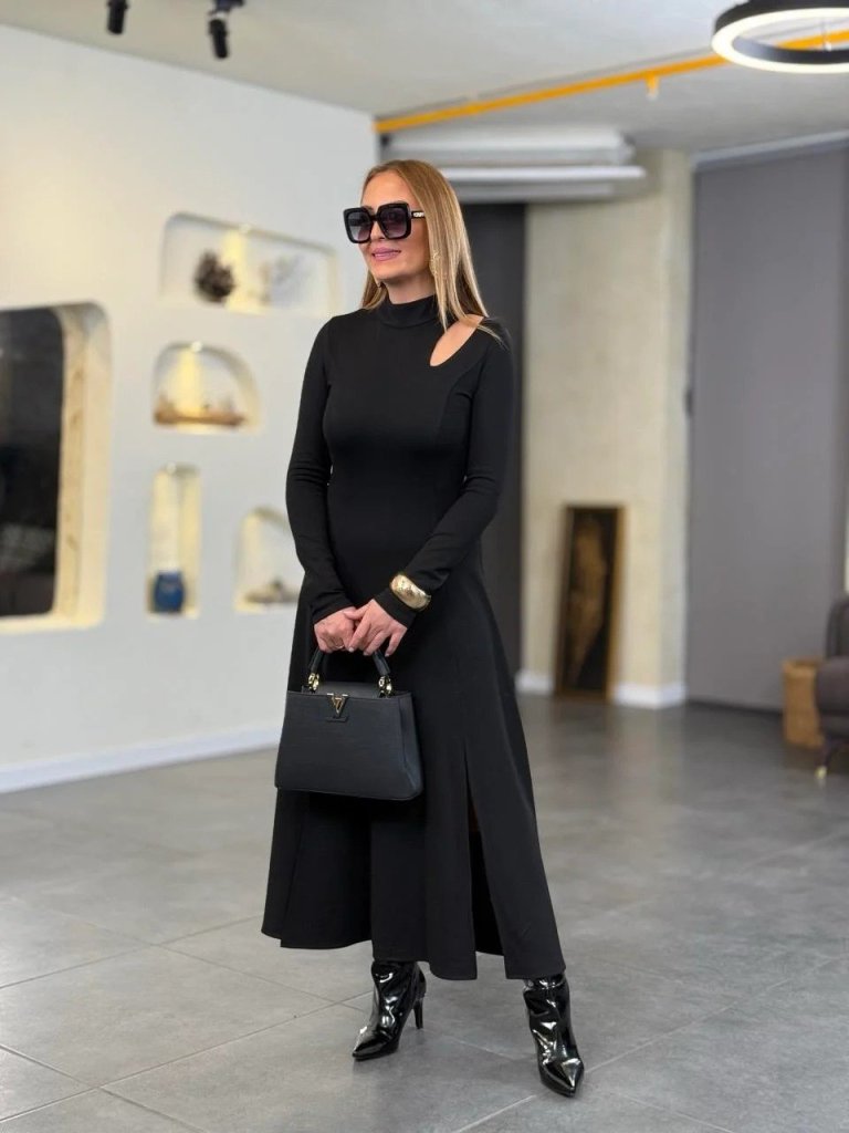 Kadın Balıkçı Yaka Damla Detaylı Yırtmaçlı Uzun Viskon Iki Iplik Maxi Elbise - Görsel 8