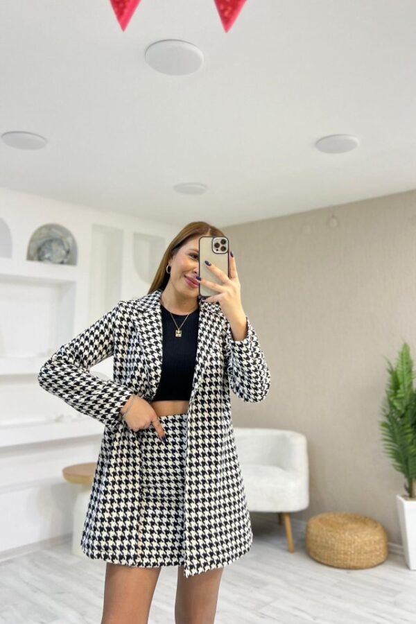 Kadın Kazayağı Desen Vatka Detay Kaban Ve Yüksek Bel Etek Ikili Takım