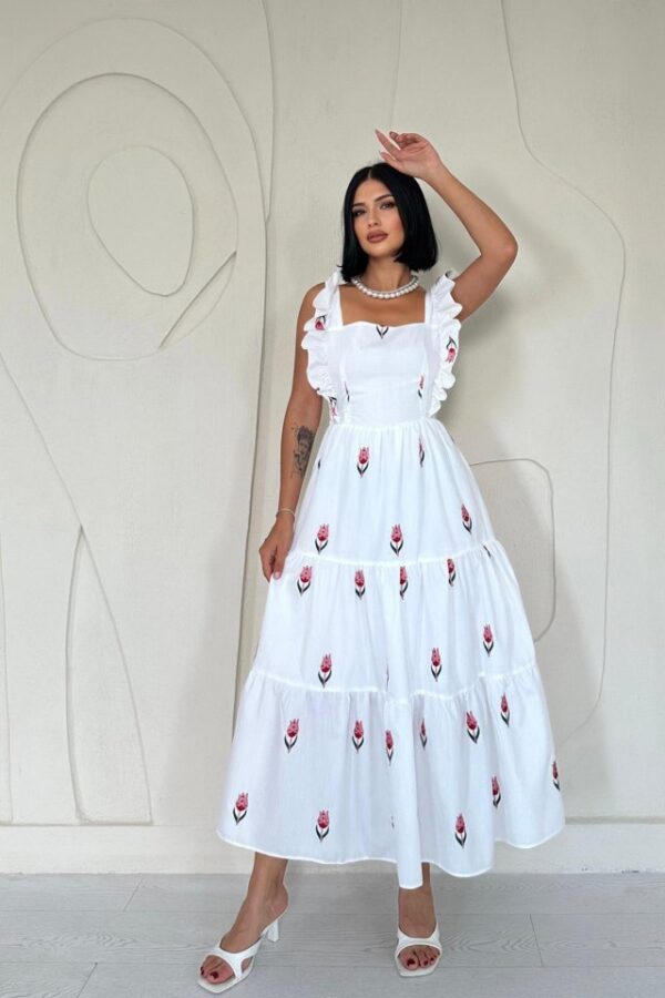 Lacivert Sıfır Kol Fırfırlı Elbise