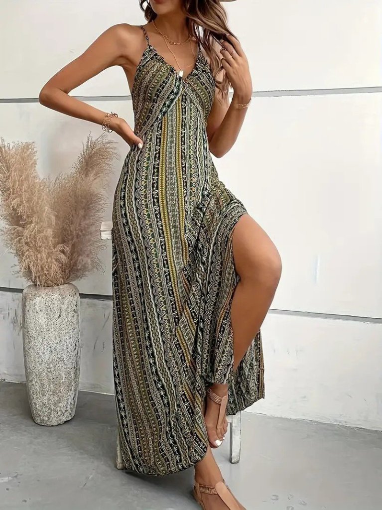 Kadın Ip Askılı Sırttan çapraz Detaylı Yırtmaçlı Desenli Süprem Elbise - Görsel 2