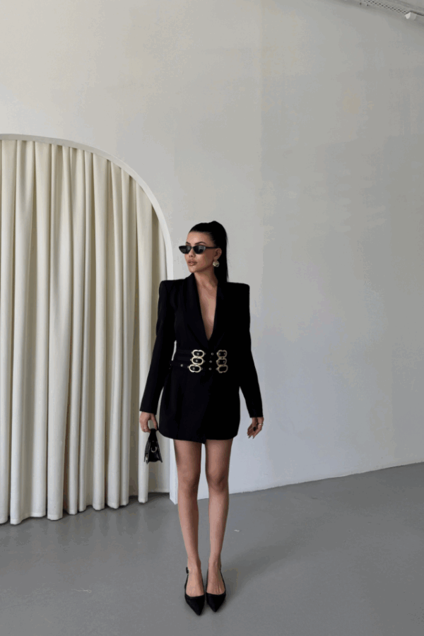 TEK DÜĞME CEKET 3 TOKALI KEMER SÜSLÜ - Siyah