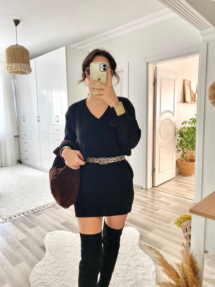 Kadın Uzun Kollu V Yakalı Mini Triko Elbise - Görsel 7