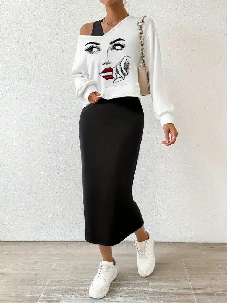 Kadın Askılı Yuvarlak Yaka Viskon Iki Iplik Elbise Ve V Yakalı Bluz Ikili Takım - Görsel 2