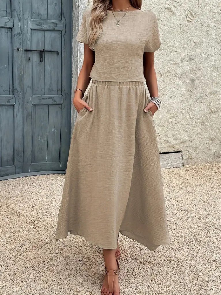 Kadın Kısa Kollu Bisiklet Yaka Bluz Etekli Ithal Keten Ikili Takım - Görsel 10