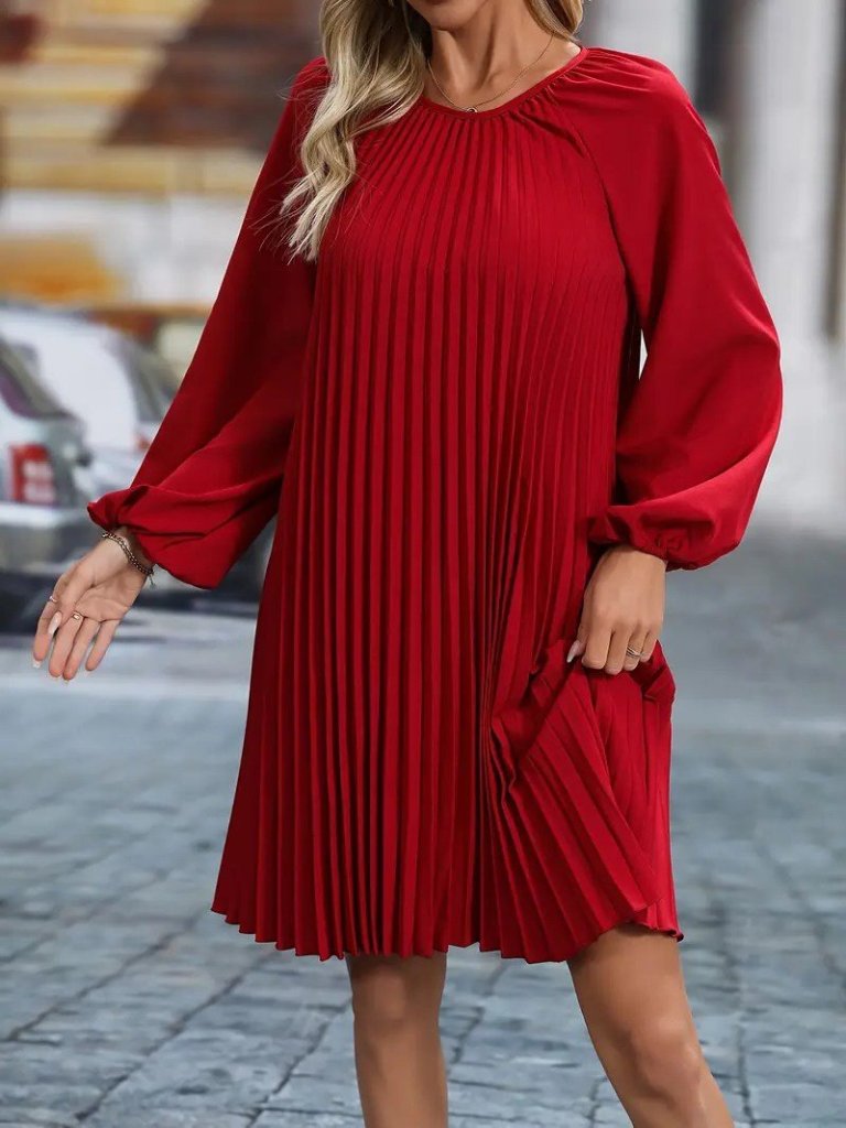 Kadın Uzun Kollu Yuvarlak Yaka Pileli Salaş Mini Ithal Krep Elbise - Görsel 3