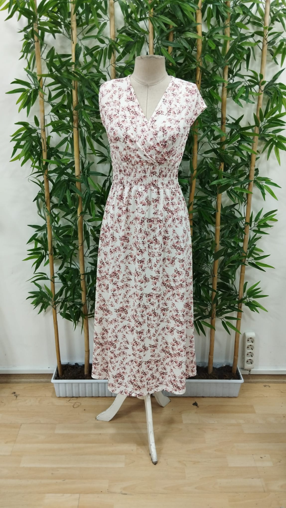 Kadın Kısa Kollu Kruvaze Yakalı çiçek Desenli Belden Lastikli Süprem Uzun Elbise - Görsel 16