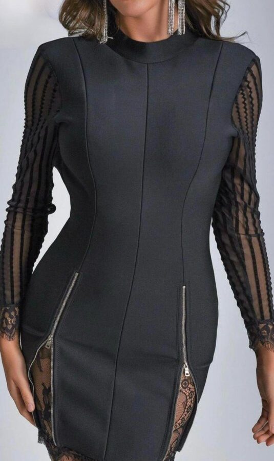 Kadın Kolları Ve Etek Ucu Dantel Detay Fermuar Dekolteli Skuba Kumaş Mini Elbise