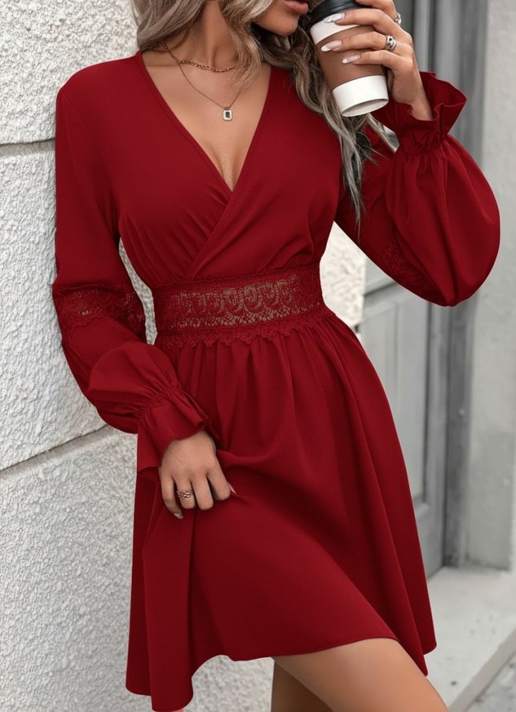 Kadın Uzun Kollu Kruvaze Yakalı Dantelli Fermuar Detaylı Mini Ithal Krep Elbise - Görsel 9