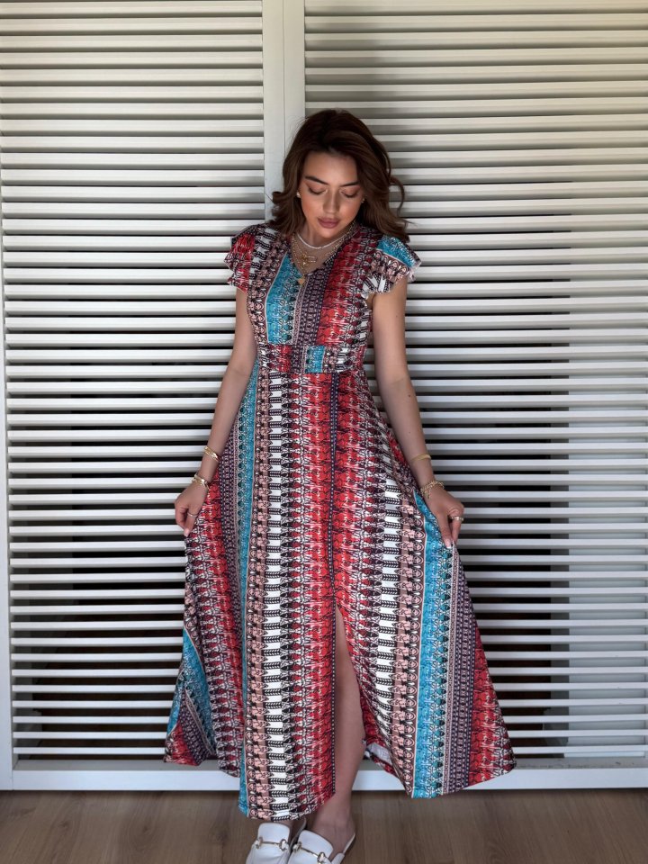 Kadın Kısa Kollu V Yakalı Desenli Yandan Yırtmaçlı Süprem Elbise - Görsel 3