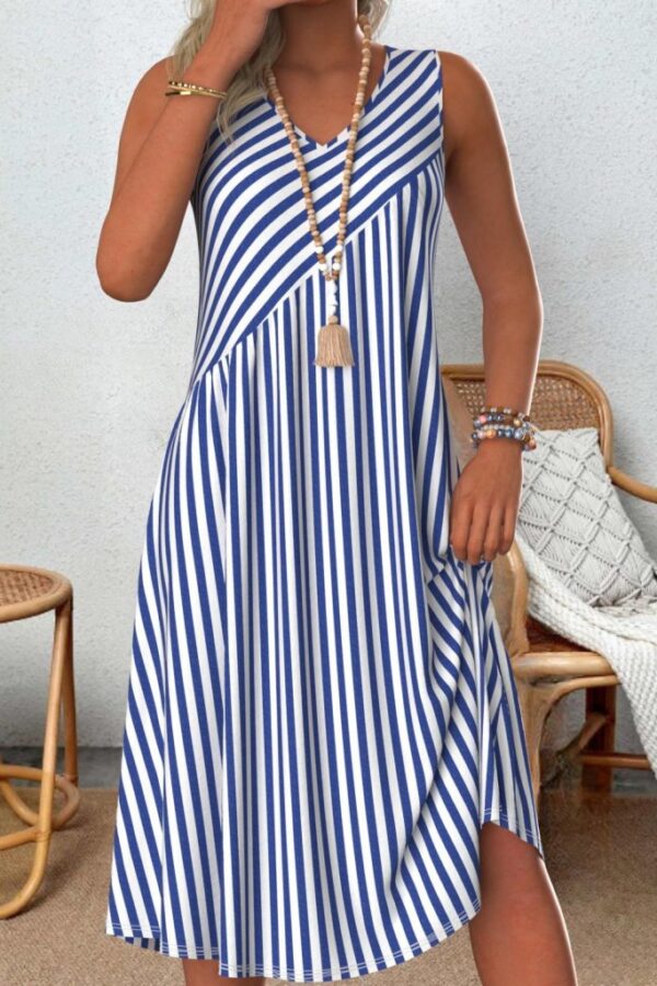 Kadın V Yakalı Askılı çizgili Midi örme Viskon Elbise