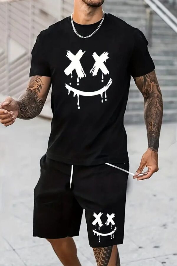 Erkek Kısa Kollu Bisiklet Yaka Baskılı Tişört Ipli Short Iki Iplik Takım