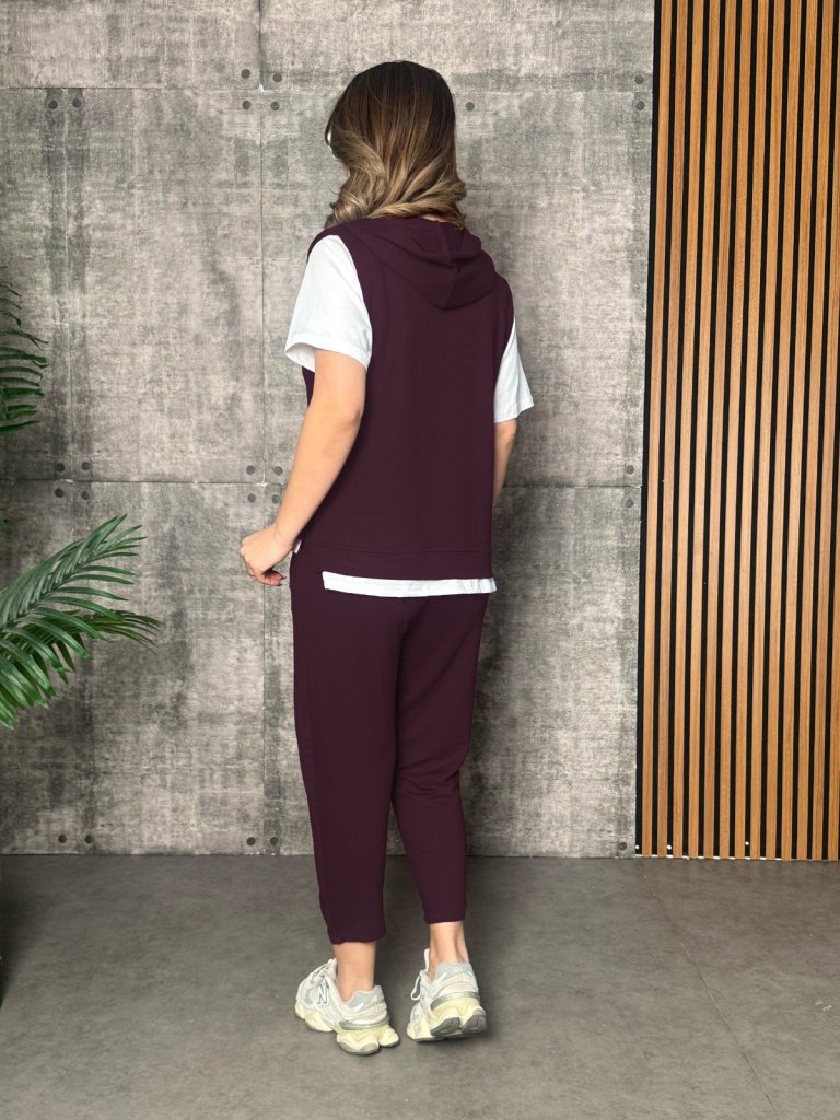 Kadın Kısa Kollu V Yakalı Kapşonlu Viskon Iki Iplik Bluz Ve Pantolon Takım - Görsel 6