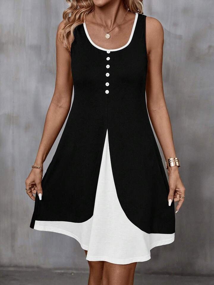 Kadın Askılı Yuvarlak Yaka önden Düğmeli çift Renkli Viskon Elbise - Görsel 7