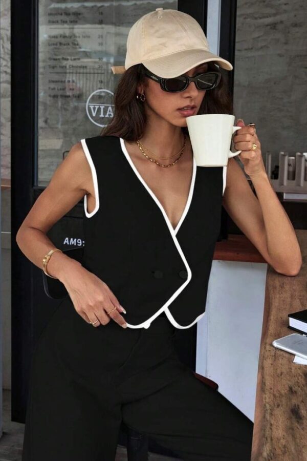 Kadın Kolsuz V Yakalı Düğmeli Ithal Krep Yelek Ve Pantolon Ikili Takım