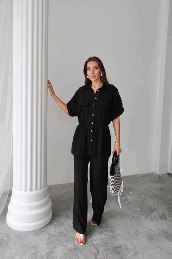 KETEN BELDEN BÜZGÜ DETAYLI GÖMLEK - PANTOLON TAKIM - Kahverengi