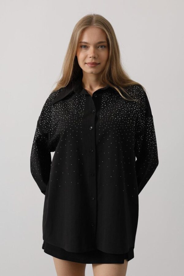 Taşlı Sivri Yaka Gömlek - Bebe Mavisi