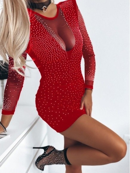 Kadın Uzun Kollu Yuvarlak Yaka Dekolteli Taşlı Dalgıç Elbise - Görsel 17