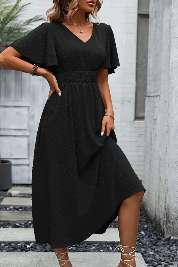 Kadın Kısa Kollu Volanlı Kol Beli Gipeli Jakarlı Vual Midi Boy Elbise