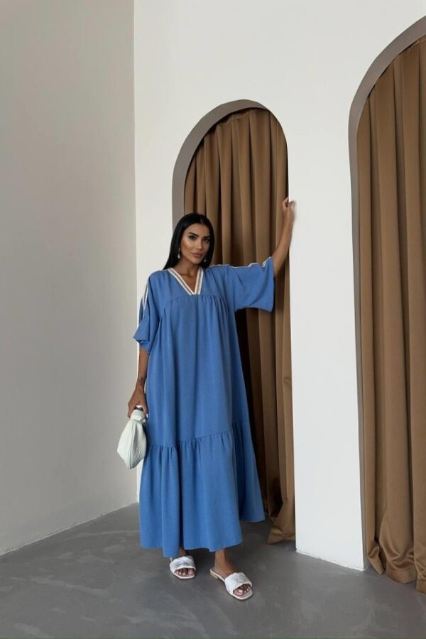 YAKA-KOL HASIR BİYE ŞERİTLİ KETEN SALAŞ ELBİSE - Mavi