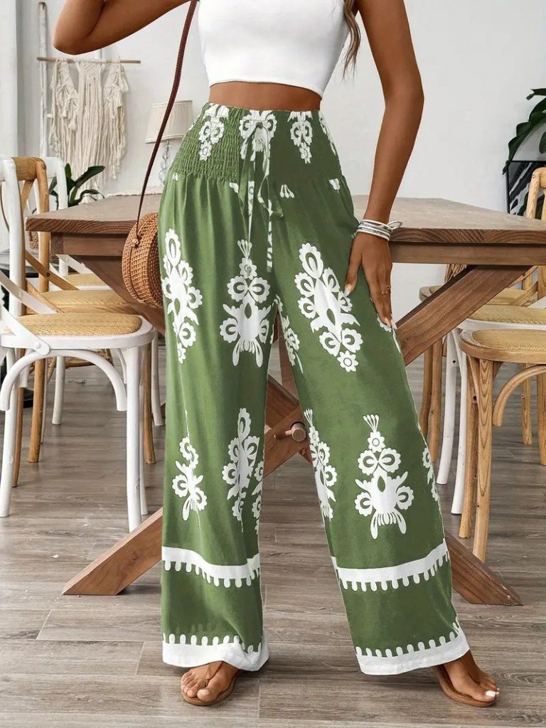 Kadın Yüksek Bel Büzgülü Etnik Desen Baskılı Süprem Pantolon - Görsel 10