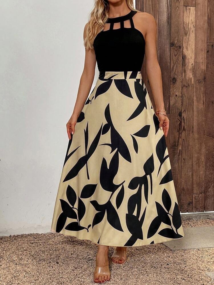 Kadın Sıfır Kollu Yakadan şeritli Omuzlardan Açık Janjan Krep Desenli Al Dalgıç Maxi Elbise - Görsel 4