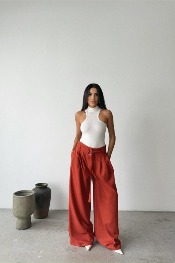 PALAZZO PANTOLON KUMAŞ KEMER DETAYLI - Kiremit