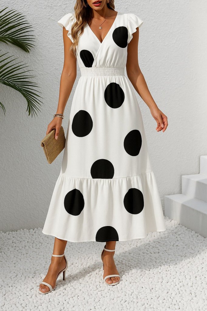 Kadın Kısa Kollu Kruvaze Yakalı Beli Lastikli Desenli Maksi Boy örme Krep Elbise - Görsel 14