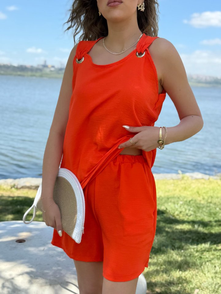 Kadın Kolsuz V Yaka Kuş Gözü Detay Bluz Short Aerobin Ikili Takım - Görsel 5