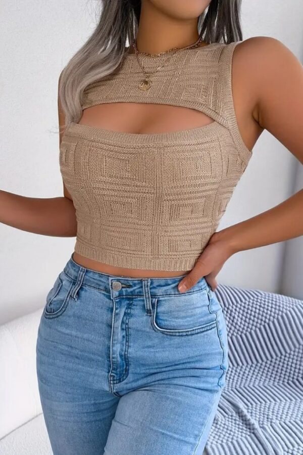 Kadın Kolsuz Bisiklet Yaka Güpüs Dekolteli Triko Crop Bluz