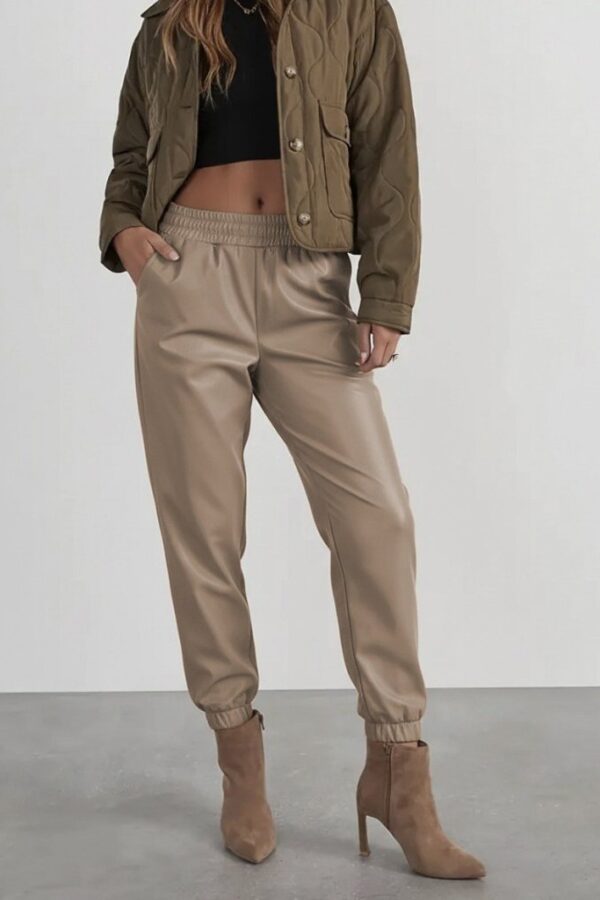 Kadın Yüksek Bel Lastikli önü Düğmeli Deri Pantolon