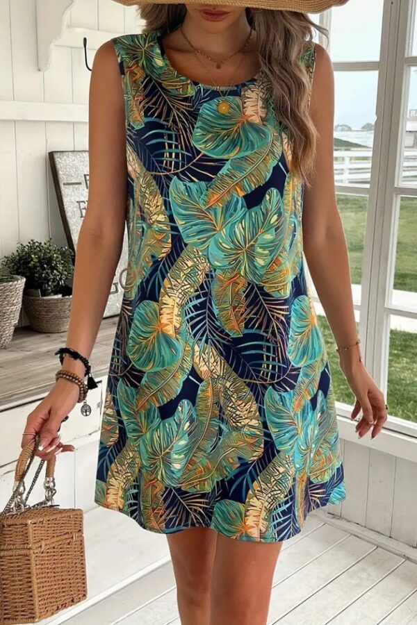 Kadın Sıfır Kollu Yuvarlak Yaka Desenli Süprem Elbise