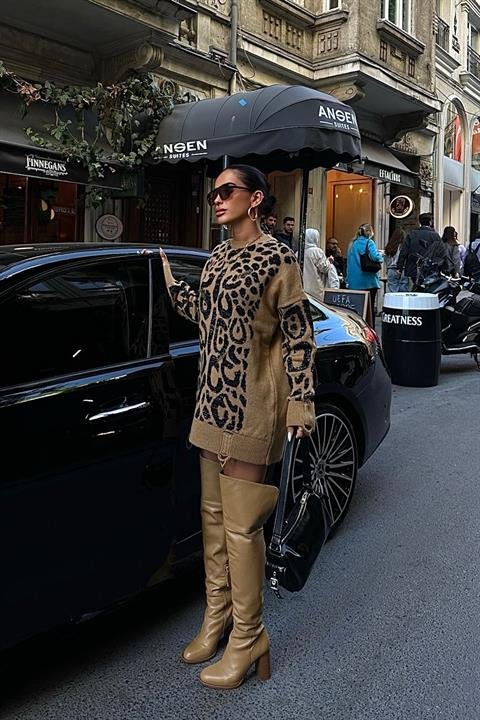 Leopar Desenli Yırtık Detaylı Kazak 1344