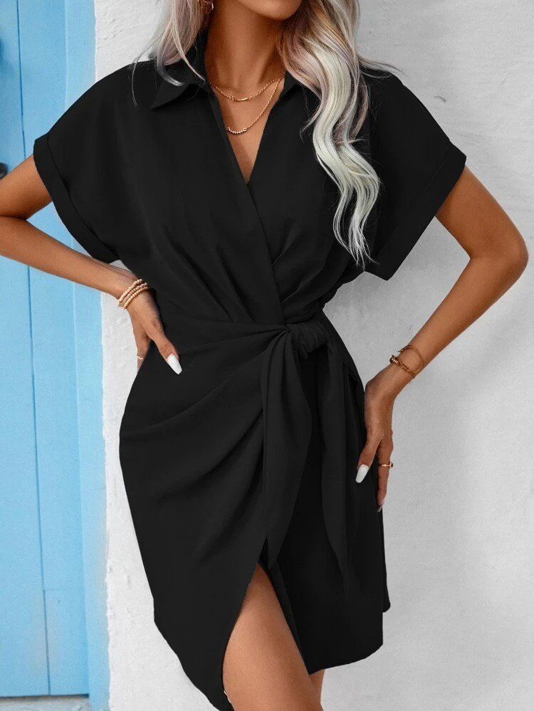 Kadın Kısa Kollu Yakalı Yandan Bağlamalı Dokuma Elbise - Görsel 8